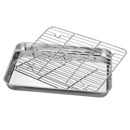 

Stainless Steel Flat Bottom Baking Tray with Mesh Set Barbecue Plate with Cooling Rack Drip Pan Baking Plate Barbecue Tray Bakeware (26*20*2.5cm)