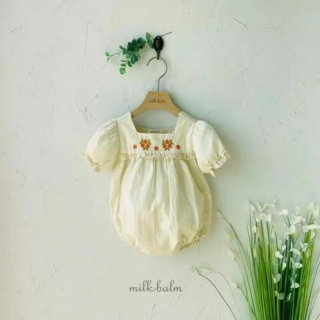 

DanceeMangoo Summer New Baby Girl Short Sleeve Bodysuit Flower Embroidery Square Collar Puff Sleeve Infant Girl Jumpsuit Baby Clothes