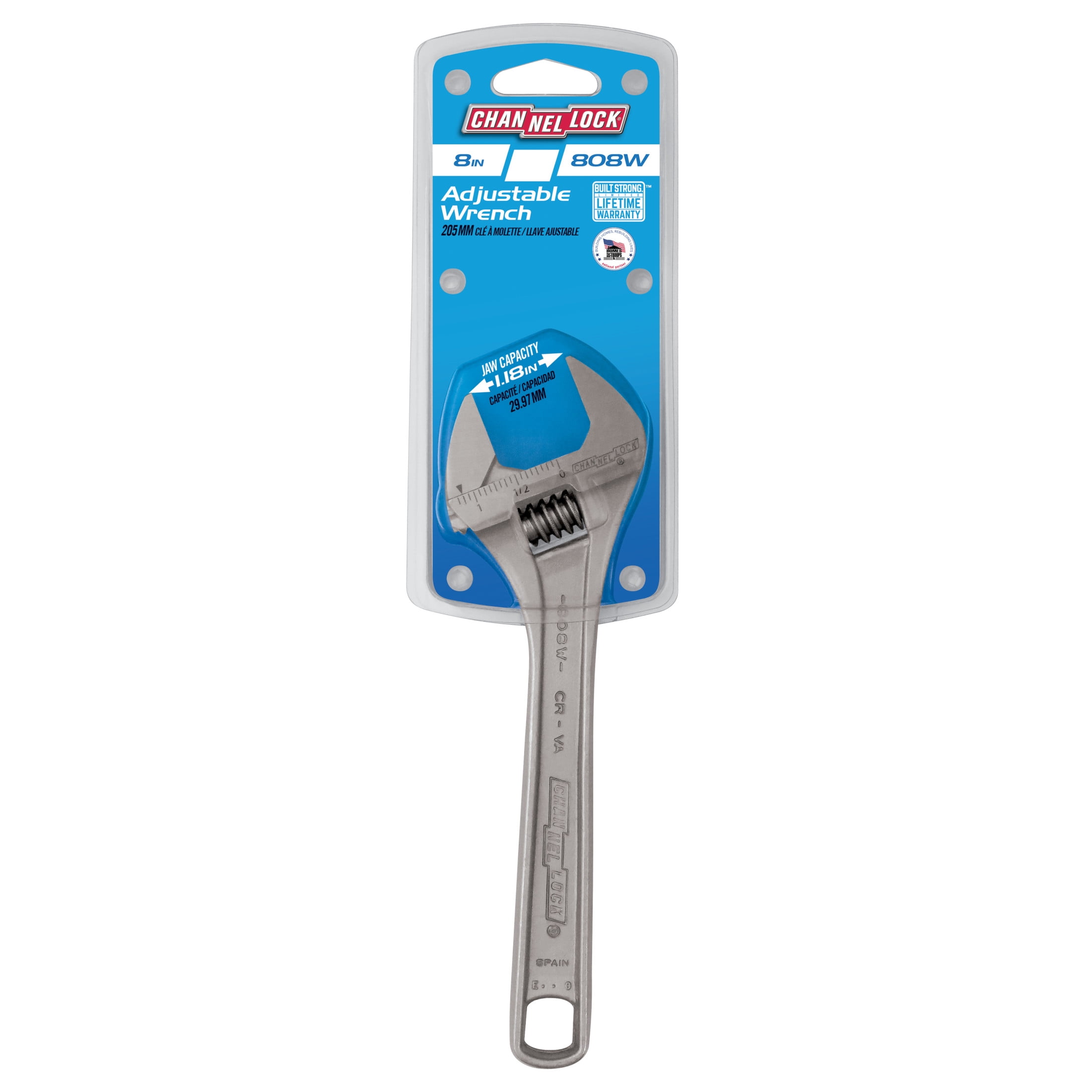 CHANNELLOCK 8-inch Adjustable Wrench, Precise 1.18-inch Wide Mouth Jaw Capacity (808W)