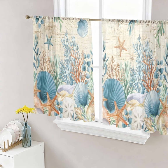 Sheer Curtains 54 Inch Length 2 Panels Set for Kitchen, Teal Blue Coastal Semi Sheer Curtains for Windows, Summer Beach Starfish Shell Coral Nautical Retro Voile Window Treatments Rod Pocket Curtain