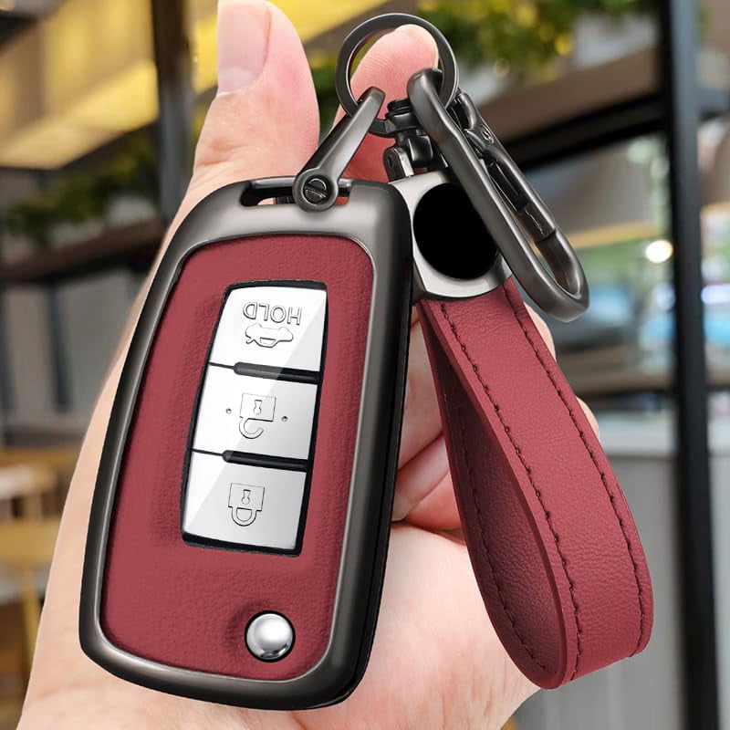 Metal & Leather 2/3/4 Button Flip Key Fob Cover Case Compatible with Nissan Rogue S Rogue Select Rogue Sport Sylphy Pulsar Sentra fit for Infiniti Keyless Key Holder with Keychain
