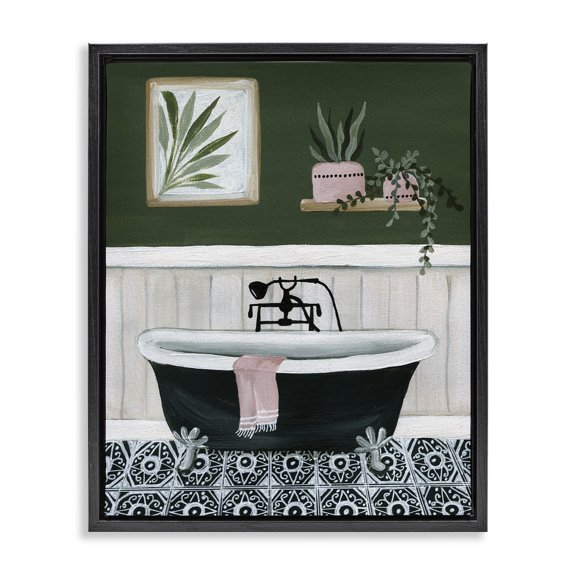 Stupell Industries Green Bathroom Scene Typography Painting Black Floater Framed Canvas Art Print Wall Art, 17 x 21