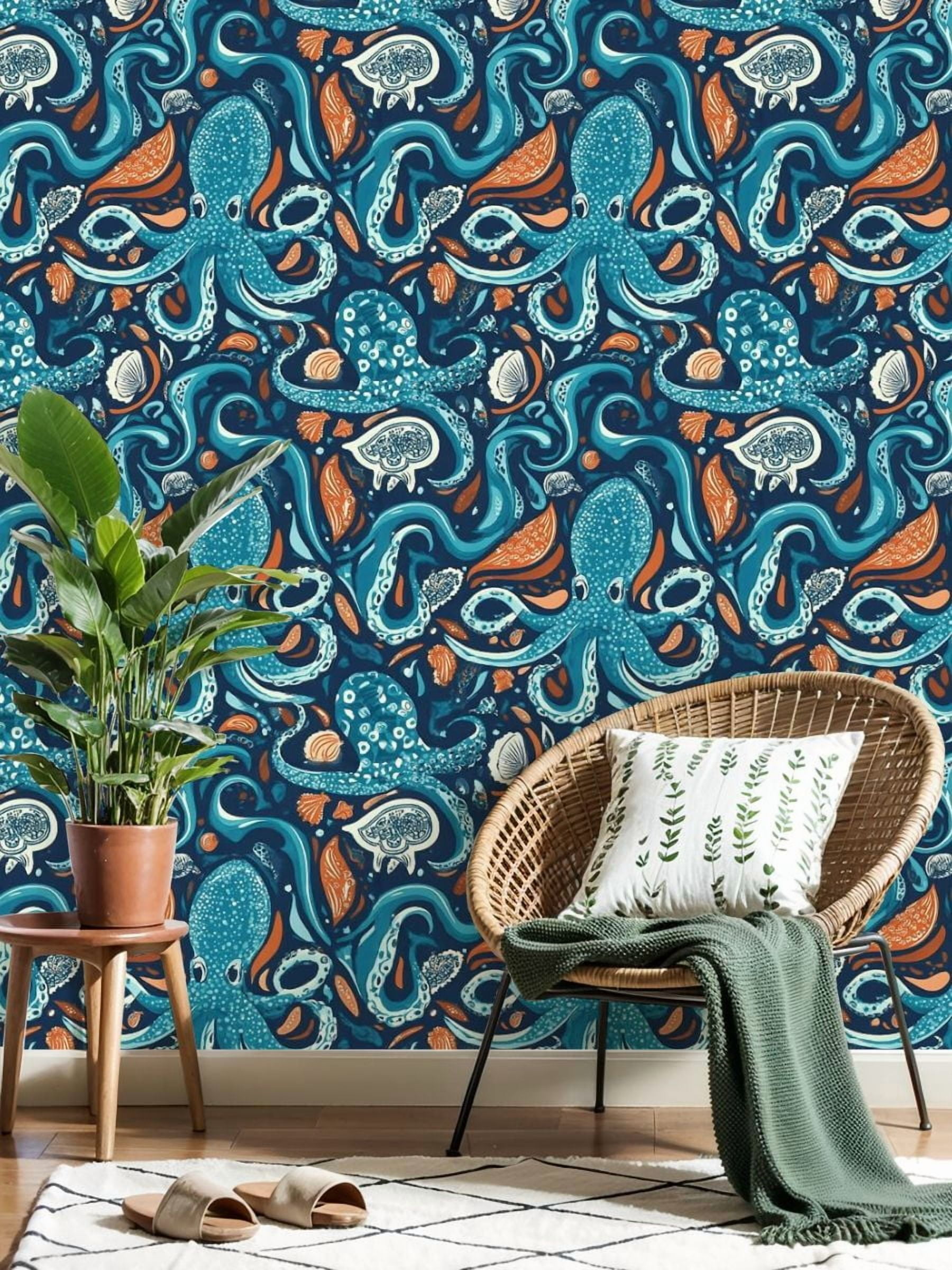 Paisley Peel and Stick Wallpaper 23.6in x 9.8ft Abstract Ocean Design Octopus Marine Life Blue Orange Contact Paper Vinyl Waterproof Self Adhesive Wall Paper for Bedroom Shelf Cabinet Renter Friendly