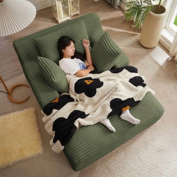 50 Inches Chaise Lounge Indoor,Oversized Chaise Lounge Chair with 3 Throw Pillows and Armrests,Corduroy Upholstered Plush Sofa Bed Lazy Chair Bed Sleeper Chair for Living Room Apartment (Green)