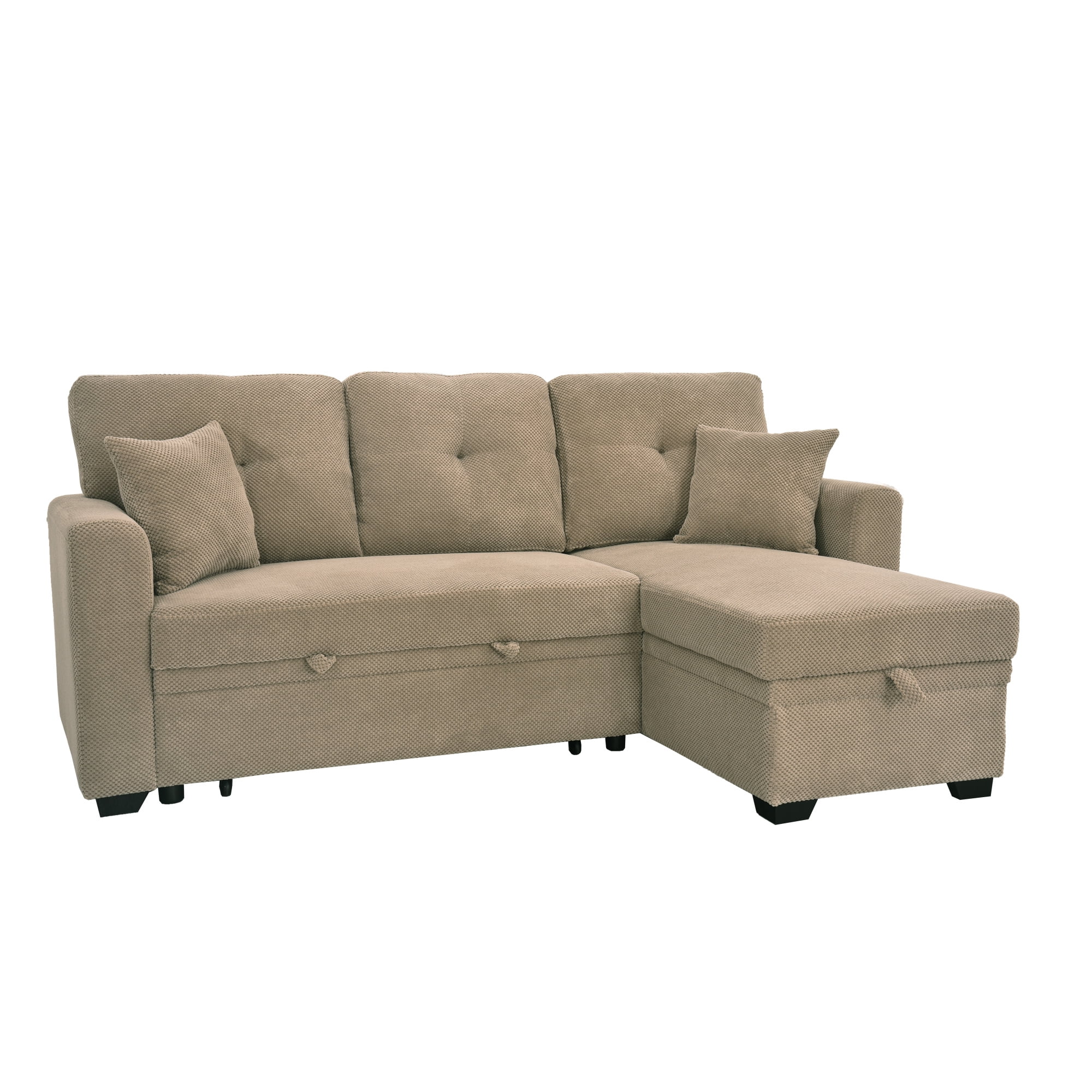 Leumius L Shaped Sectional Sofa with Pull Out Bed and Storage Chaise, 3 Seater Sectional Couch Convertible Sofa Bed for Small Space, Apartment & Guest Room, Camel