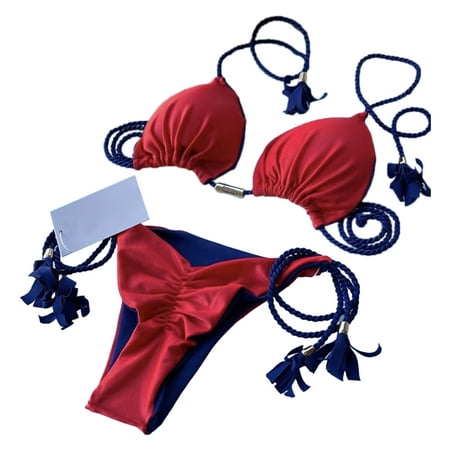 Kitem 2 Pcs/Set Women Bikini Set Off Shoulder Lace-up Tassel Color Matching Halter Neck Patchwork Soft Padded Wireless Lady Beachwear Bathing Suit Swimsuit (Blue & Red L)