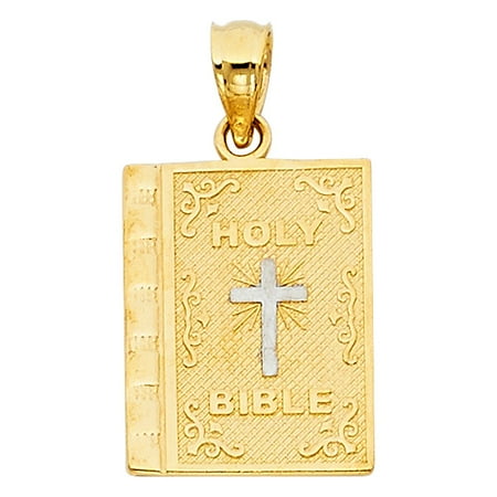 - Crucifix Holly Bible Cross Charm 14k Two Tone Gold Book Disc Medallion Religious 16mm x 17mm Pendant
