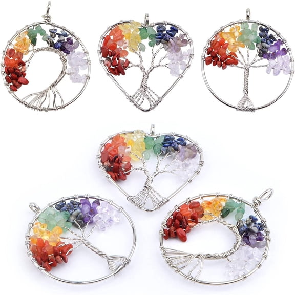 6pcs Tree of Life Charms Colorful Natural Crystal Stone Chakra Positive Gemstone Quartz Life Tree Pendants Good Luck Yoga Charms for DIY Necklace Earrings Keychains Jewelry Making, 3 Styles
