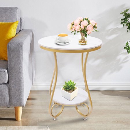 Miumaeov 2-Tier Marble Small Round Table End Table Morden Accent Coffee Sofa Side Table Bedroom Bedside Table for Family Dinning Living Room White & Gold 19.7"(Dia) x 24.8"(H)