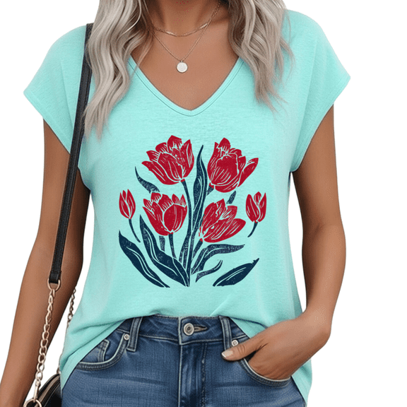 UNISHE Women's Vintage Block Print Graphic V-Neck Short Sleeve T-Shirt White Distressed Tulip Art Tee