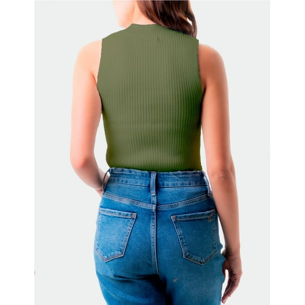 Pantalon Blanco Con Blusa Verde Militar Blusa Básica Cuello Alto