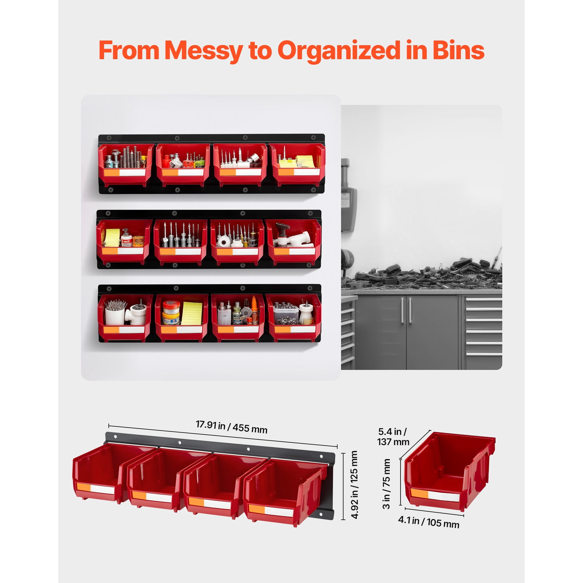KFFKFF Wall-Mounted Storage System with 12 Plastic Bins and 3 Metal Rails, Stackable Hanging Organizer for Screws, Nuts, Bolts, Nails, and Hardware Tools, Ideal for Workshops, Craft Rooms, and Garage