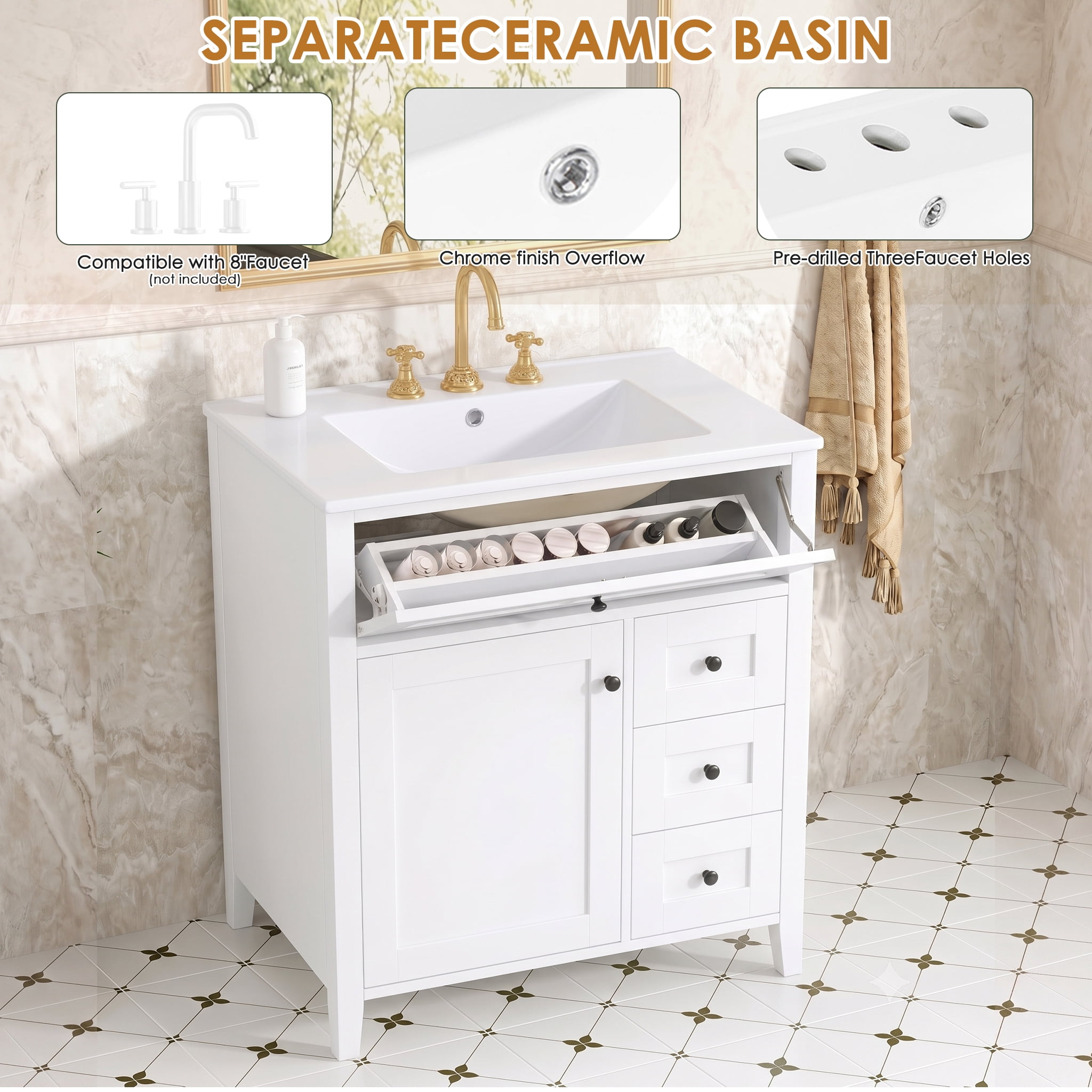 Anpport 30" Freestanding Bathroom Vanity with Sink, Modern MDF & Rubberwood Cabinet, 3 Drawers, Adjustable Shelf & Left‑Side Door, White