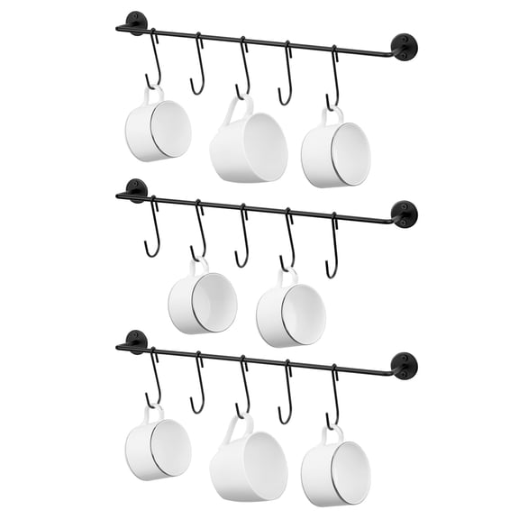Lonian 3-Pack Wall Mounted Mug Holder Rack with 15 Hooks, Wall Metal Rack for Kitchen, Bedroom, Living Room, Black