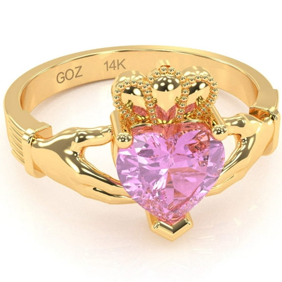 Claddagh Lab-Created Pink Sapphire Ring In Solid 14k Yellow Gold