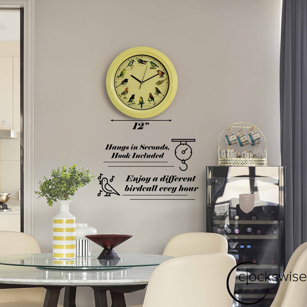 Clockswise 12" Round Decorative Singing Bird Wall Clock Battery-Operated with Wild Nature Sounds Hourly Chime and Non-Ticking for Home Office Kitchen Dining Bedroom Classroom and Living Spaces, Yellow