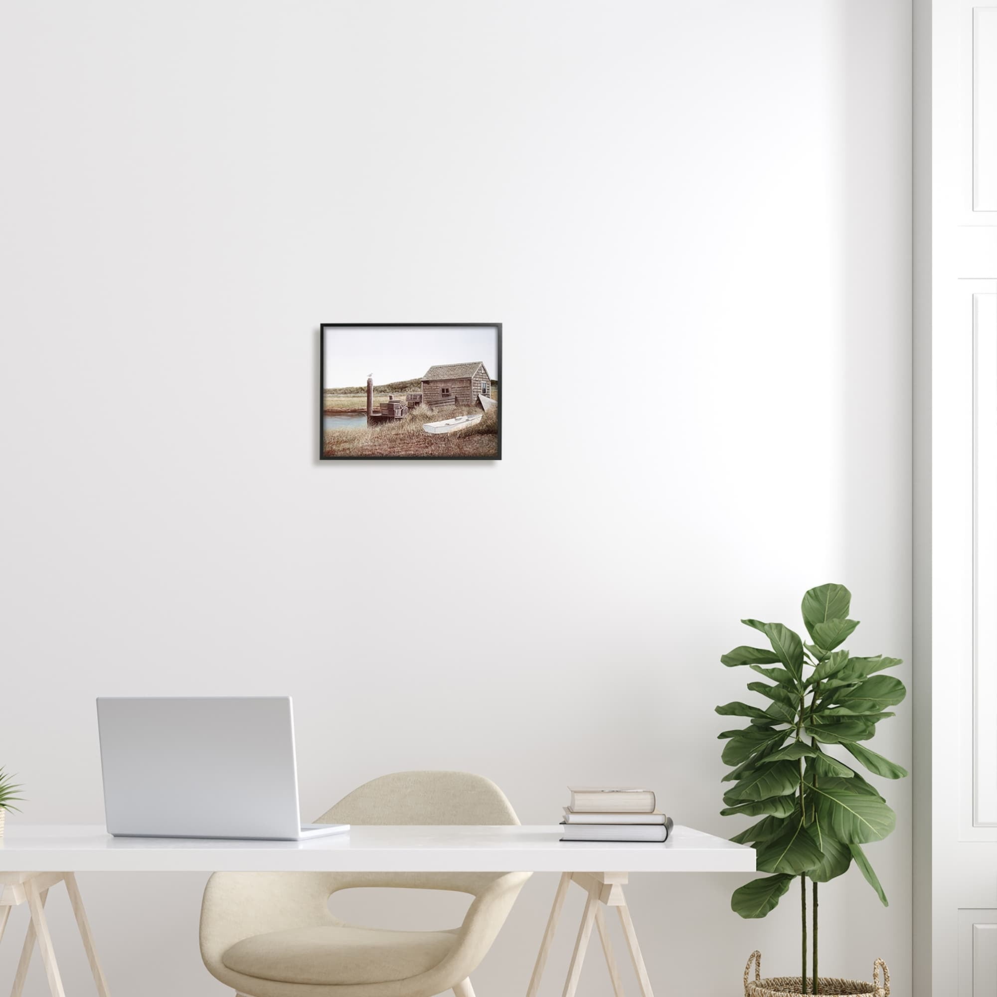 Stupell Industries Rural Seaside Cabin Seagull Perched Canoe Boat Painting White Framed Art Print Wall Art, Design by Tom Mielko