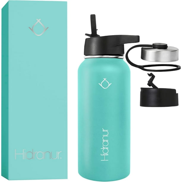 Termo Hidranur de Acero Inoxidable 32 oz (946.35 ml), con 3 Tapas Herméticas y 2 Popotes, Turquesa