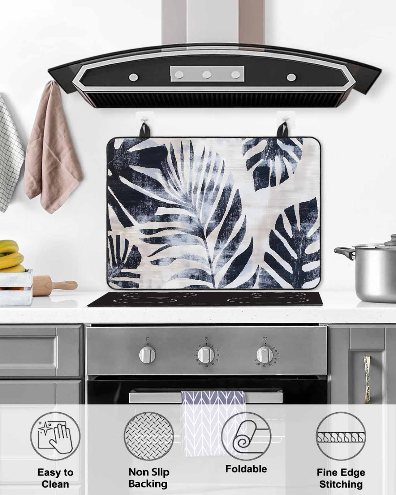 nqOlkjepod Large Induction Cooktop Protector Mat 36"x21", Navy Blue Palm Leaves Stove Top Covers for Electric Stove, Vintage Tropical Botanical Stove Burner Cover Mats, Glass Top Stove Cover