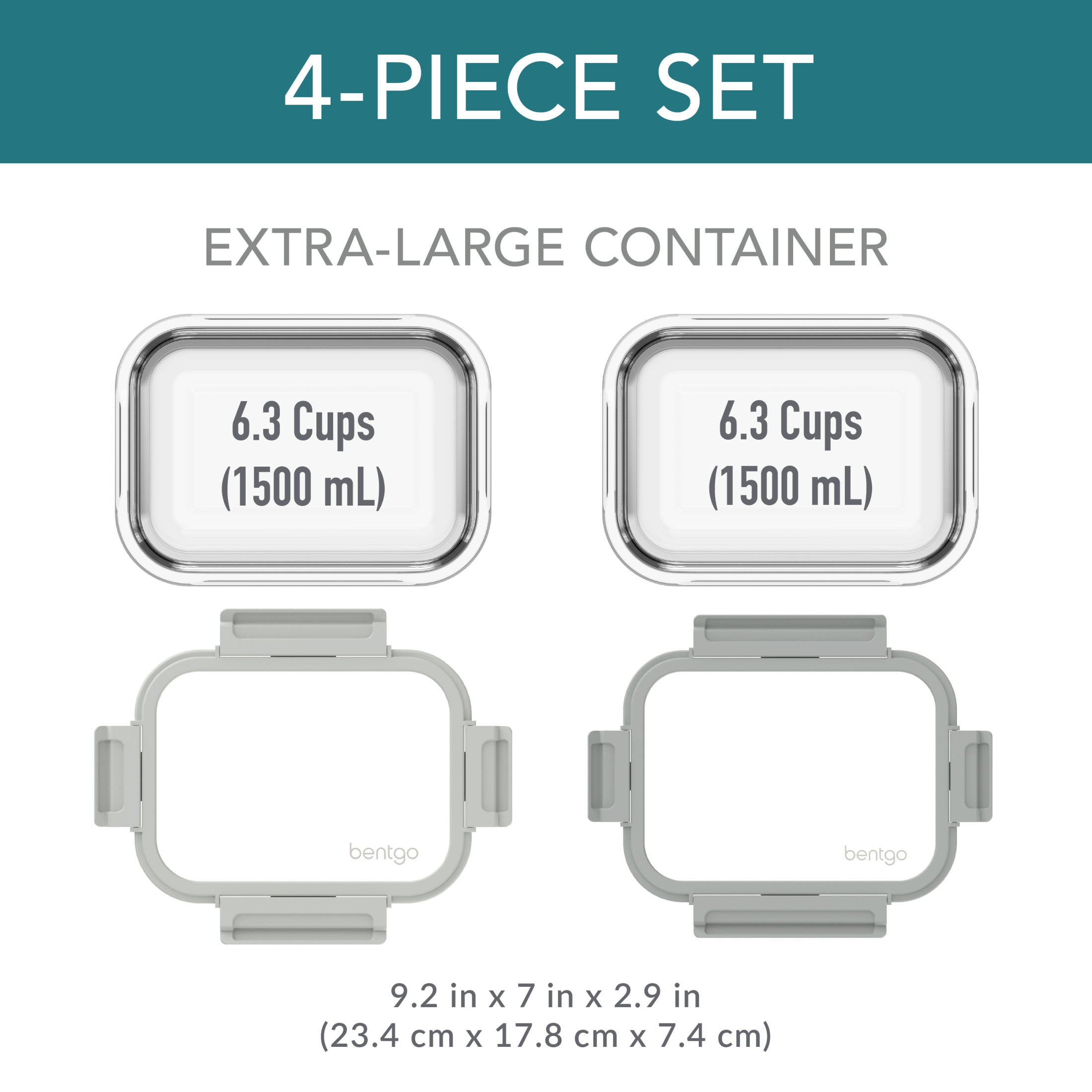 Bentgo® Glass Leak-Proof Food Storage 4-Piece Set (Two 6.3 Cup Containers) Durable 1-Compartment Food Storage Containers & Airtight Locking Lids (Pebble/Stone)