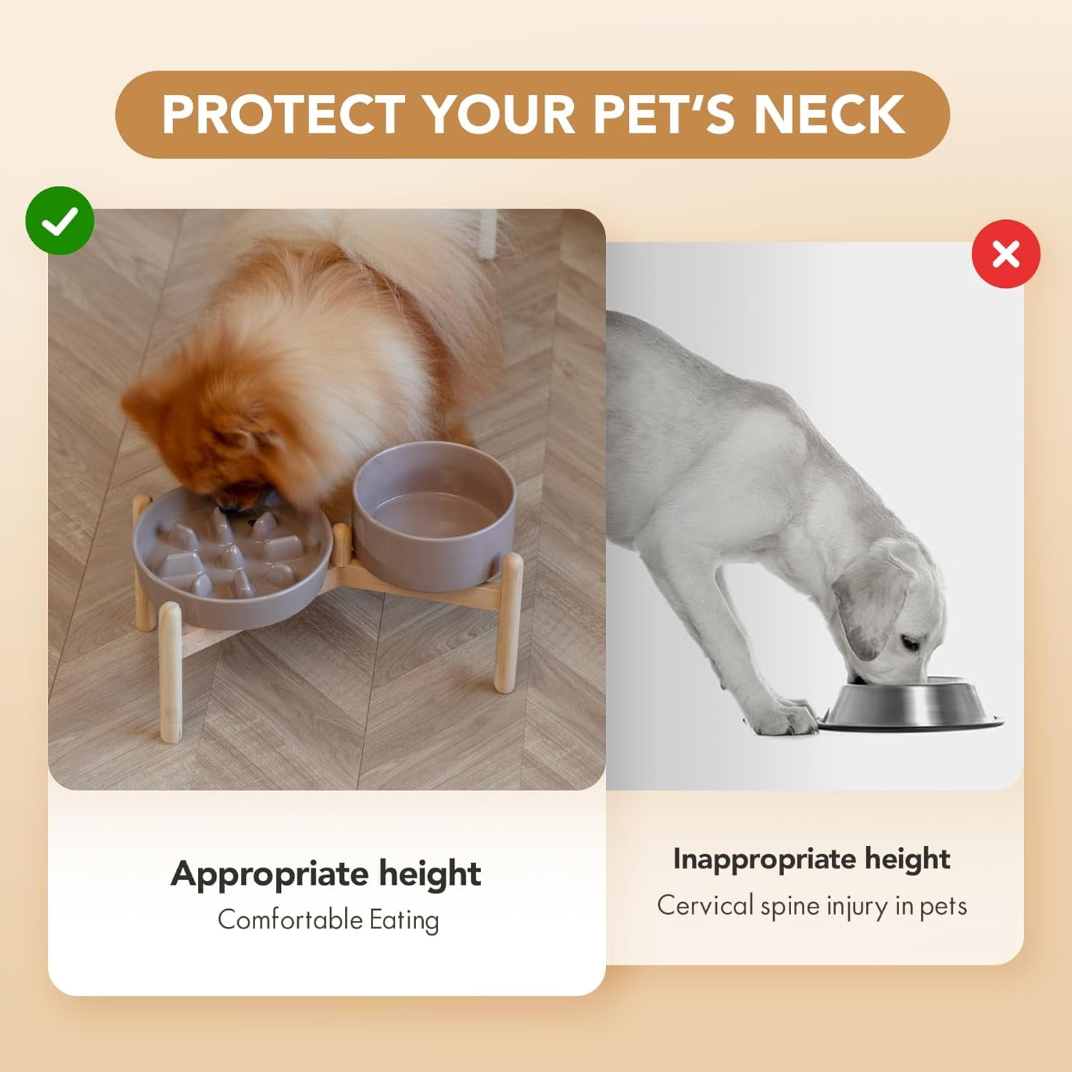Ceramic 1.2 Cup Raised Slow Feeder Dog Bowl Set, Elevated 6.1inch Bowl and 7.3inch Puzzle Slow Food Dish with Wooden Stand for Medium and Small Dog, Anti-Gulping (2 x Brown Coffee+ Stand)