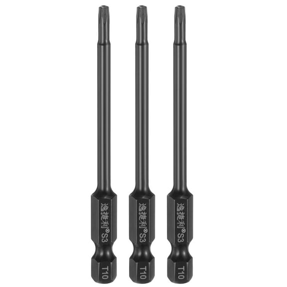 Uxcell 3pcs T10 Torx Screwdriver Bit 1/4" Hex Shank 75mm/3" Length S3 Steel Magnetic Tamper Proof Star 6 Point Head Hex Screw Driver Bits, Black