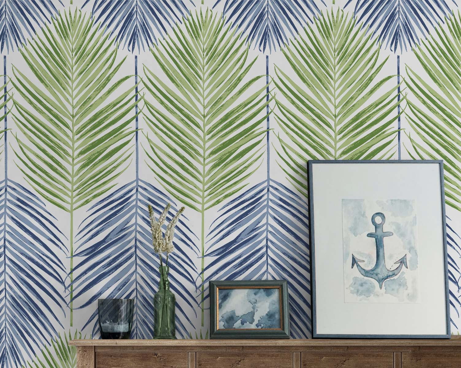NextWall  Two Toned Palm Peel and Stick Wallpaper 20.5 in. W x 18 ft. L - Coastal Blue & Fern Green