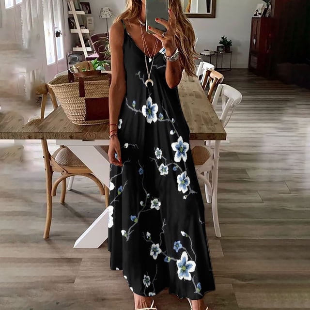 SMihono Robe Maxi Bohème d'Été pour Femmes Grande Taille Mode Femme Bretelles Taille Mi-Haute Col en V Sans Manches Rayée Imprimée Robe Longue de Plage