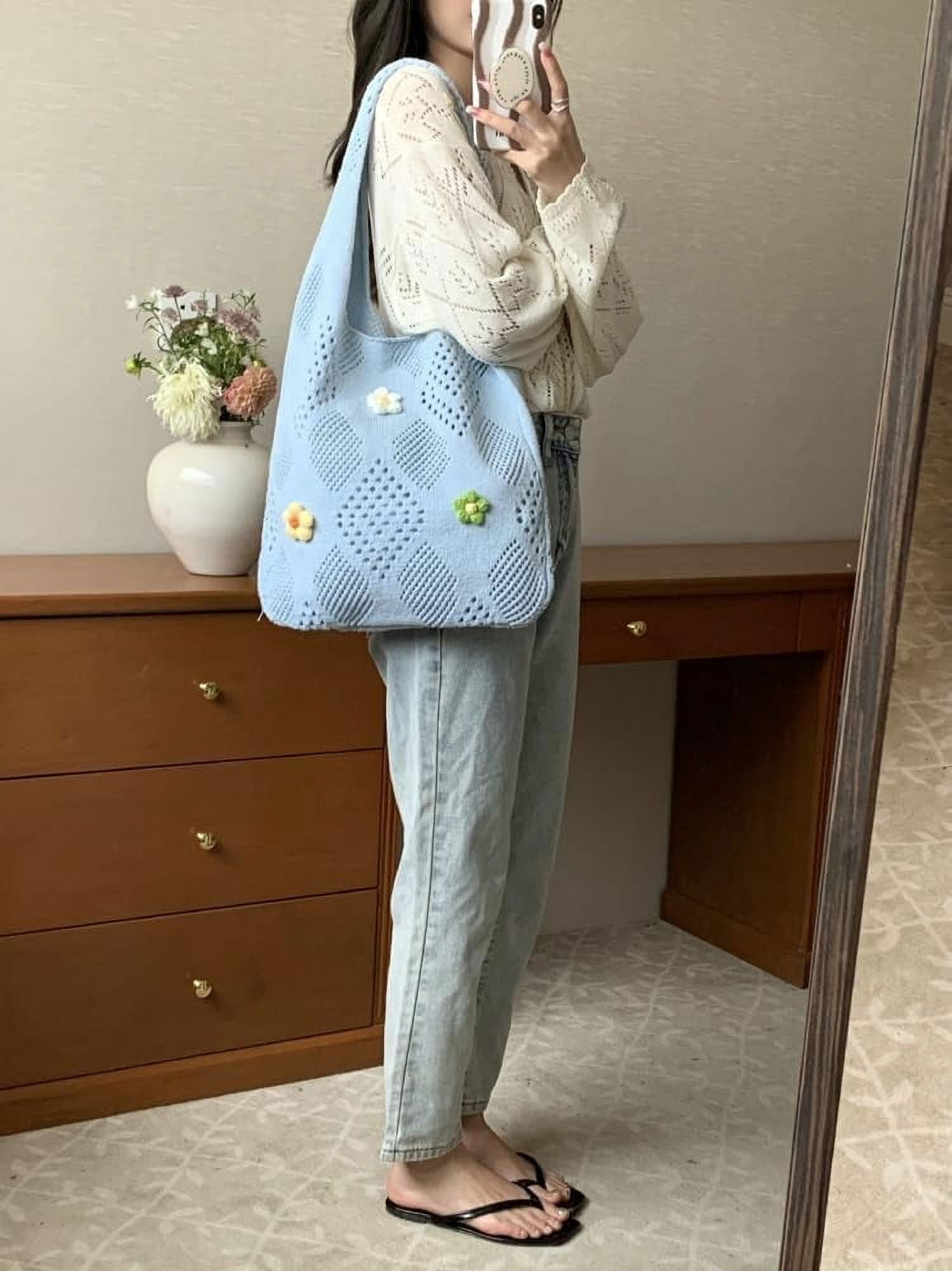 Kukuzhu Women's Crochet Tramp Bag Knitted Tote Bag Shoulder Floral Pattern Tote Bag Vintage Wool Shopping Bag Hand-Woven Bag