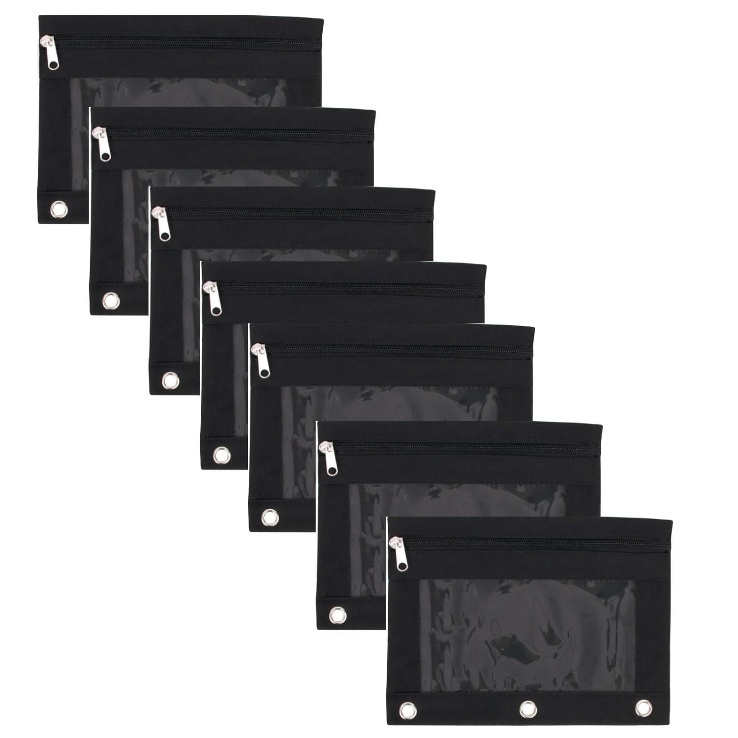 100 Pack of Bulk Wholesale 3 Ring Binder Clear Window Zippered Pencil Cases for Pens, Pencils, Markers, Scissors, Sharpeners, Erasers, Students and Classrooms in Black