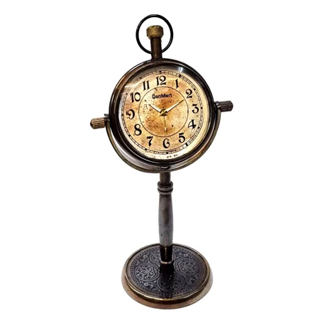 Antique Brass Desk Clock With Engraved Base Vintage Collectible Home Décor