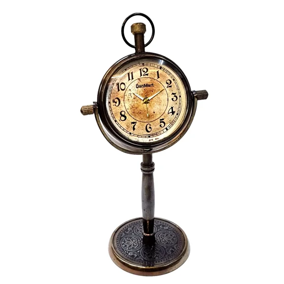 Antique Brass Desk Clock With Engraved Base Vintage Collectible Home Décor