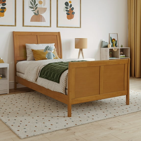 Portland Twin Wood Foundation Bed with Matching Footboard in Light Toffee