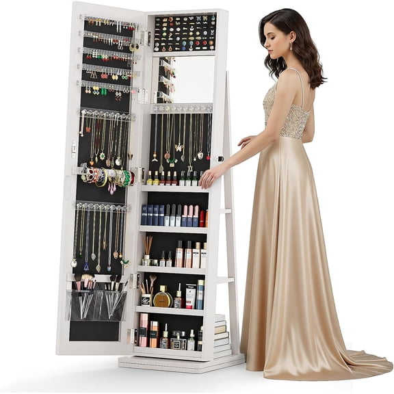 TEXBM 4-in-1 Jewelry Armoire with Full-Length Mirror, 360° Swivel Lockable Jewelry Cabinet Standing with 3 Storage Shelves & Vanity Mirror, Jewelry Organizer with Storage for Gift Idea, White
