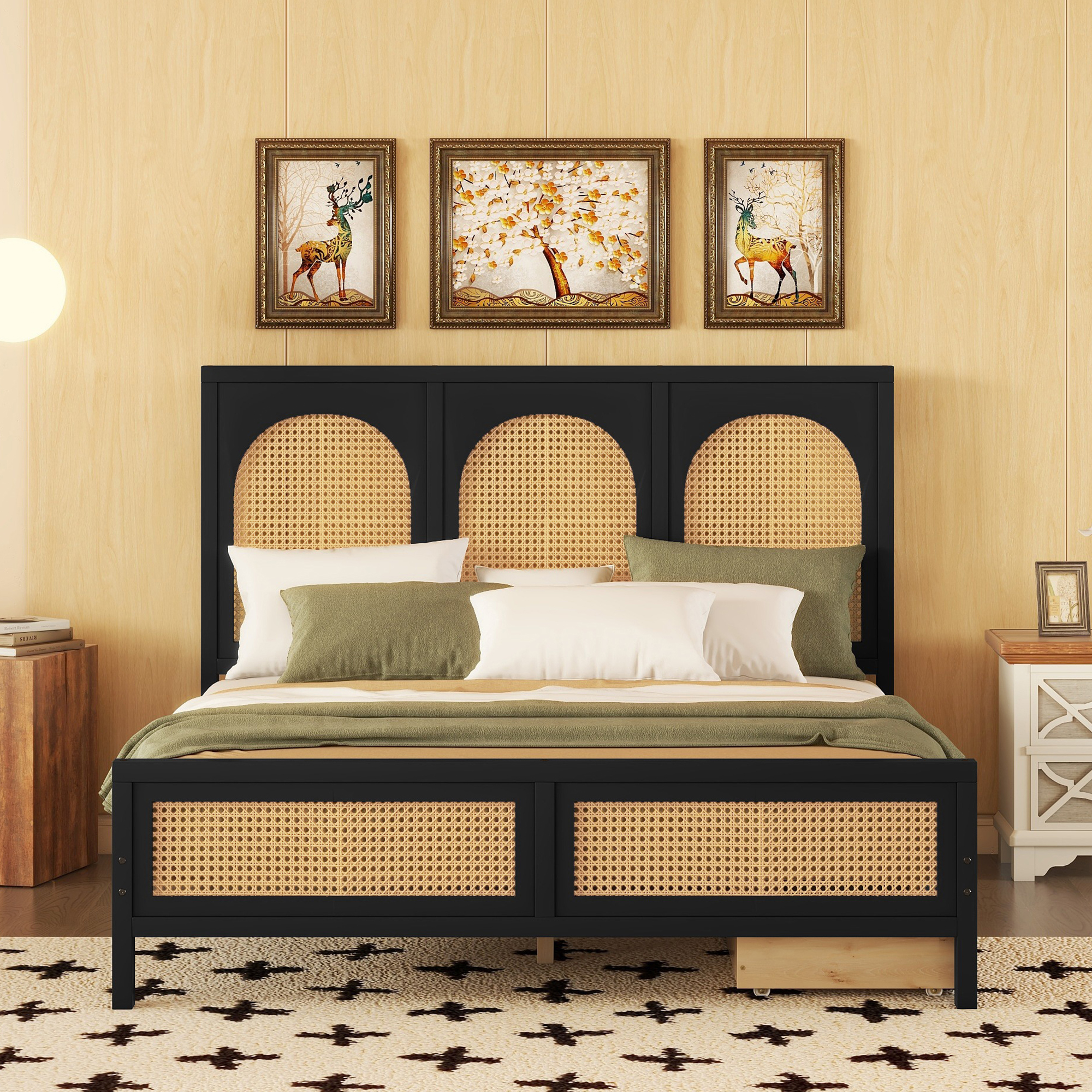 Euroco Full Size Platform Bed with 2 Drawers, Rattan and Wood Frame for Kids Teens, Black