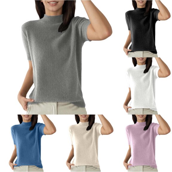 Crew Neck Short Sleeve Knit T-Shirt for Women Basic Casual Top Soft Stretchy Comfortable Tee