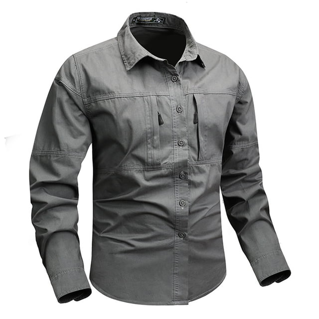 AherBiu Plus Size Mens Long Sleeve Shirts Button down Quick Drying Lightweight Shirt Outdoor Work Shirts with Multi Pockets