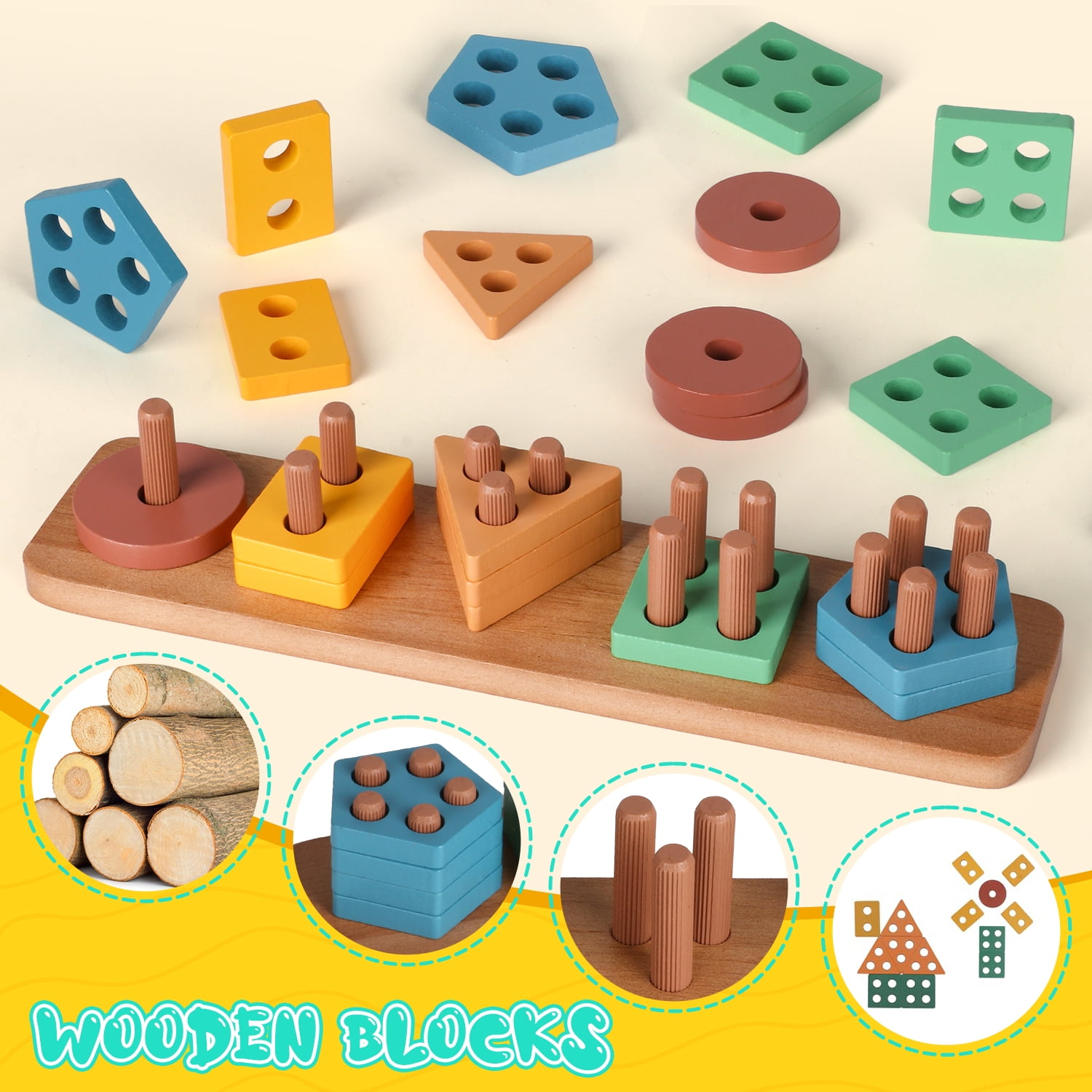 Flooyes 5-in-1 Montessori Toys Set, Early Education Toy For Kid Age 6-12 Months with Stacking Toys