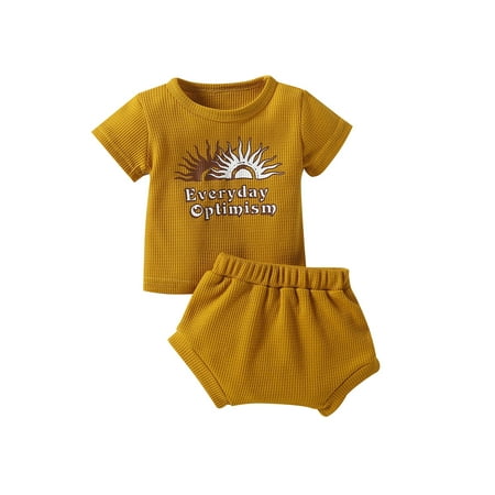 

Canrulo Toddler Baby Girl Boy Summer Outfits EVERYDAY OPTIMISM Sun Print T-shirt Tops with Elastic Waist Shorts Set Yellow 6-12 Months
