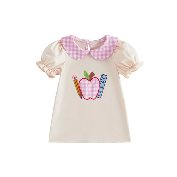 BemeyourBBs Kids Baby Girl 100 Days Back to School Dress Summer Spring Fall Clothes Toddler Girls Pre Kindergarten Outfits Short Sleeve Plaid Doll Collar Apple Ruler Embroidered Dress