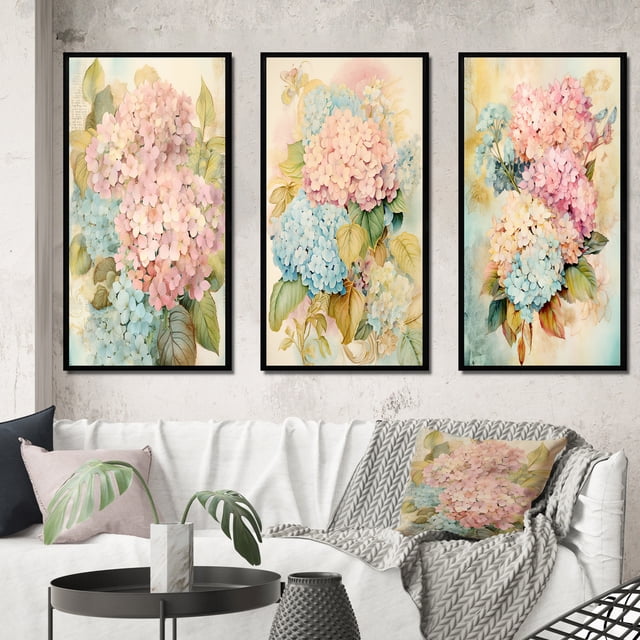Designart "Blue and Pink Retro Hydrangea Bouquet II" Hydrangea Framed Wall Art Set Of 3 - Pink Traditional Frame Canvas Set For Living Room Decor