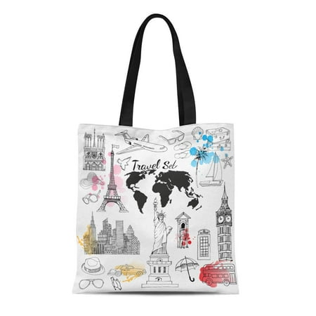 ASHLEIGH Canvas Tote Bag Map of Holiday Travel Vintage Nyc World Drawn Hand Reusable Shoulder Grocery Shopping Bags (Best Nyc Holiday Markets)