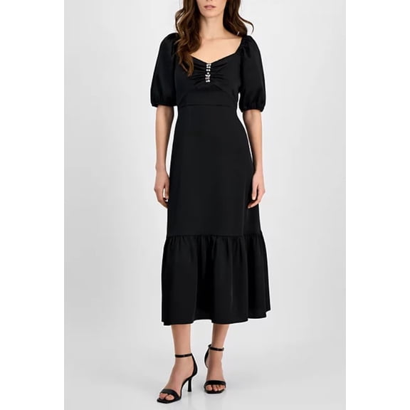 Anne Klein Women's Rhinestone Puff-Sleeve Midi Dress Black Size 12