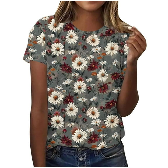 Puntoco Short Sleeve Women Tops ,Womens Dressy Tops, Women'S Fashion Casual Short Sleeve Flower Print Round Neck Pullover Top Blouse Multicolor XL(XL)