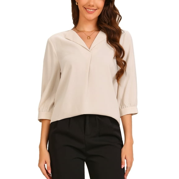 INSPIRE CHIC Collar Relaxed Blouse for Women's 3/4 Sleeve V Neck Casual Blouses Top XS Apricot