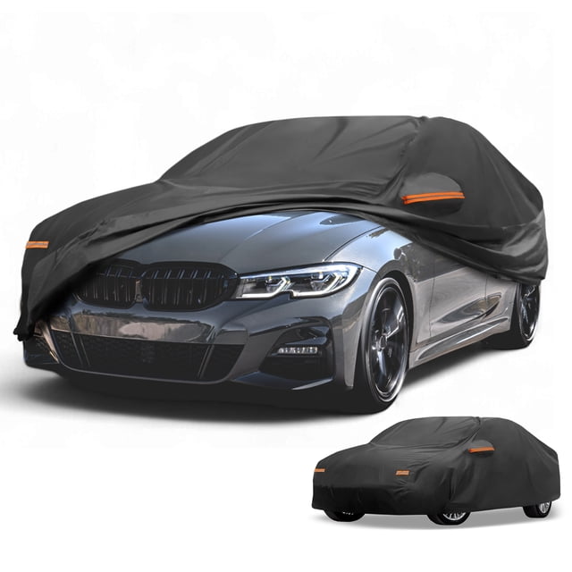 Funda para Coche Unique Bargains Impermeable para Todo Clima Protección Solar Lluvia Funda Exterior Completa para BMW Serie 3 2016-2024 210D-PU Negra con Franjas Reflectantes