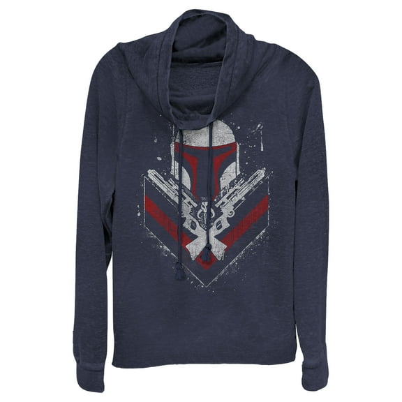 Junior's Star Wars Boba Fett No Threats Only Promises  Cowl Neck Sweatshirt Navy Blue Large