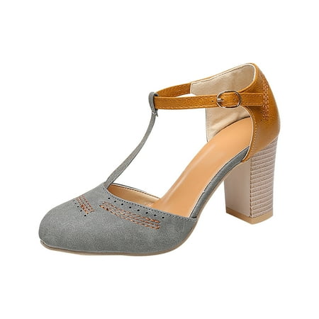 

KIJBLAE Women s Chunky Heel Pumps T-Strap Mary Jane Office Dress Shoes Buckle Round Toe Cut-Out Shoes for Party Wedding Gray 37