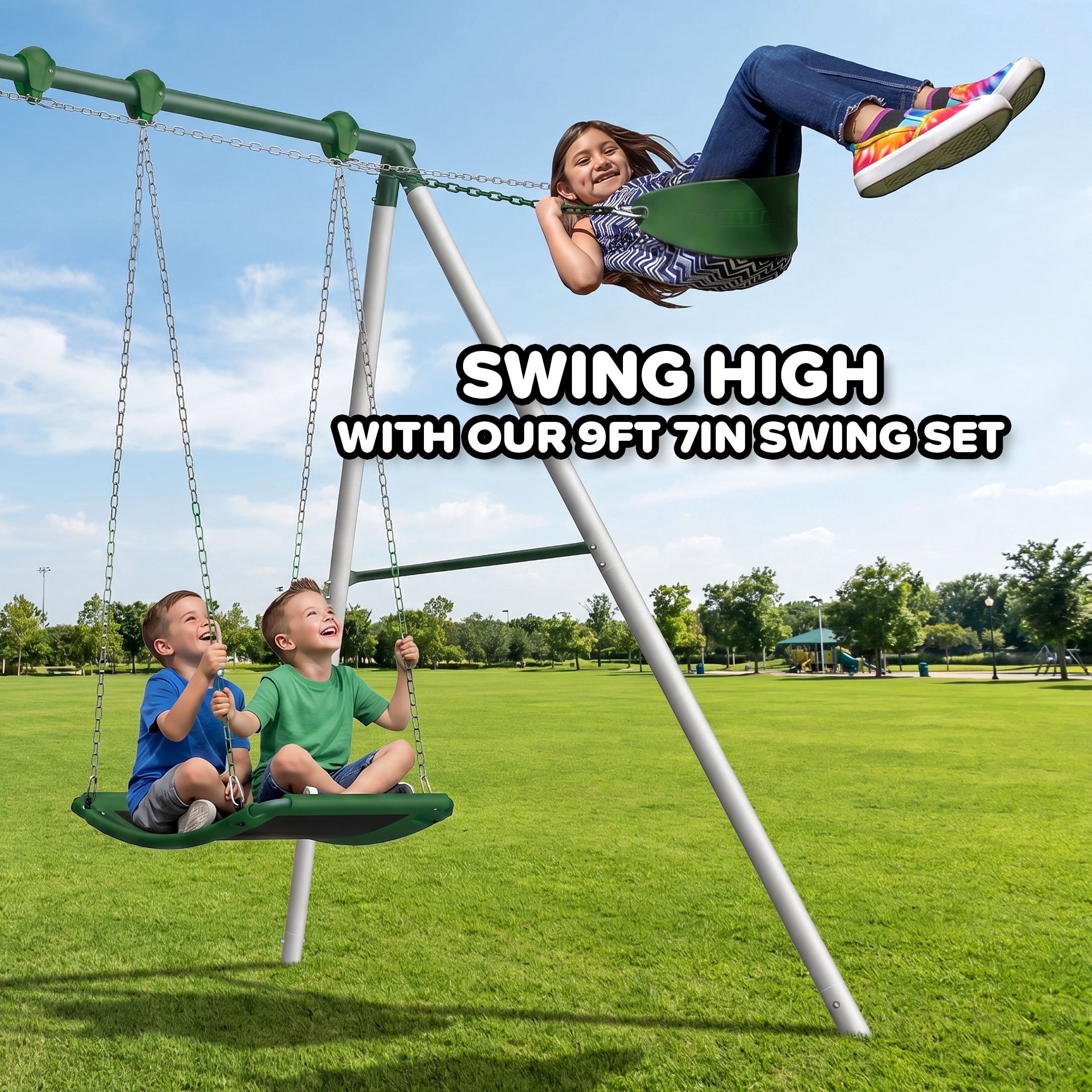 Sportspower Rainer 9.5ft Metal Swing Set for Kids and Adults, Heavy Duty Backyard Playset with 2 Sling Swings & 2-Person Skyflyer, Green/White