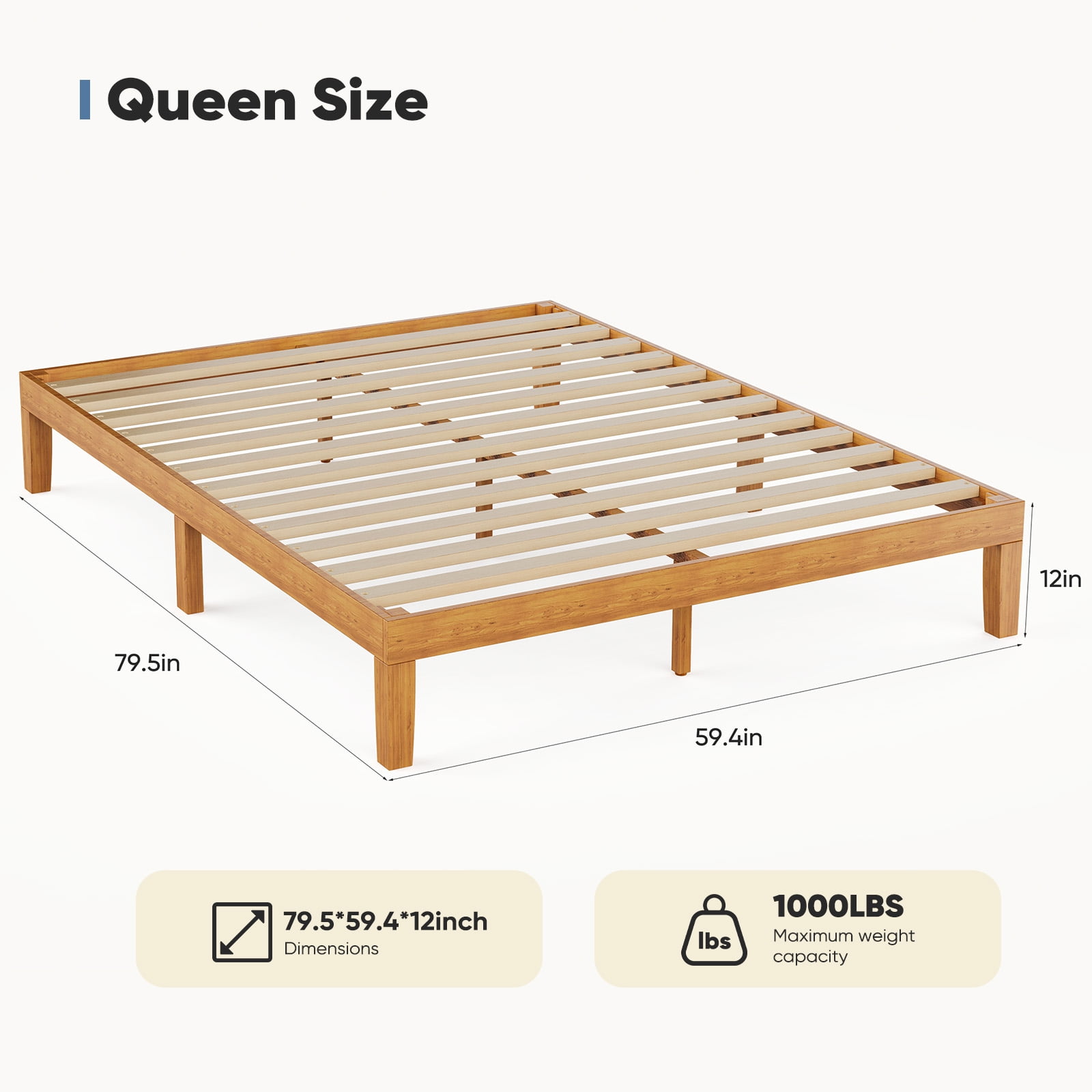 Solid Wood Bed Frame, Bed Base with Wood Slat Support, No Box Spring Needed，Queen Size